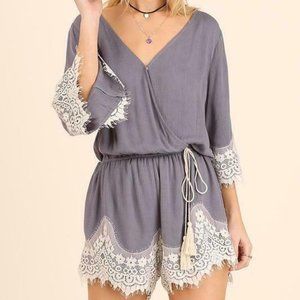 Surplice Lace Hem Romper w/ Tassel Waist Tie